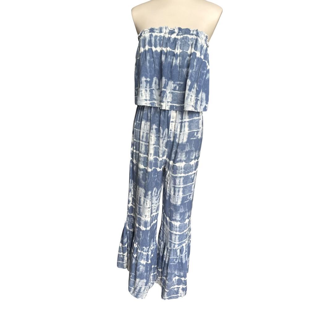 Japna Blue Tie Dye Strapless Wide Leg Bellbottom Jumpsuit Ruffle Hem Medium